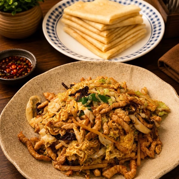 Moo shu pork with cabbage, mushrooms, and egg, served with pancakes and chili oil.
