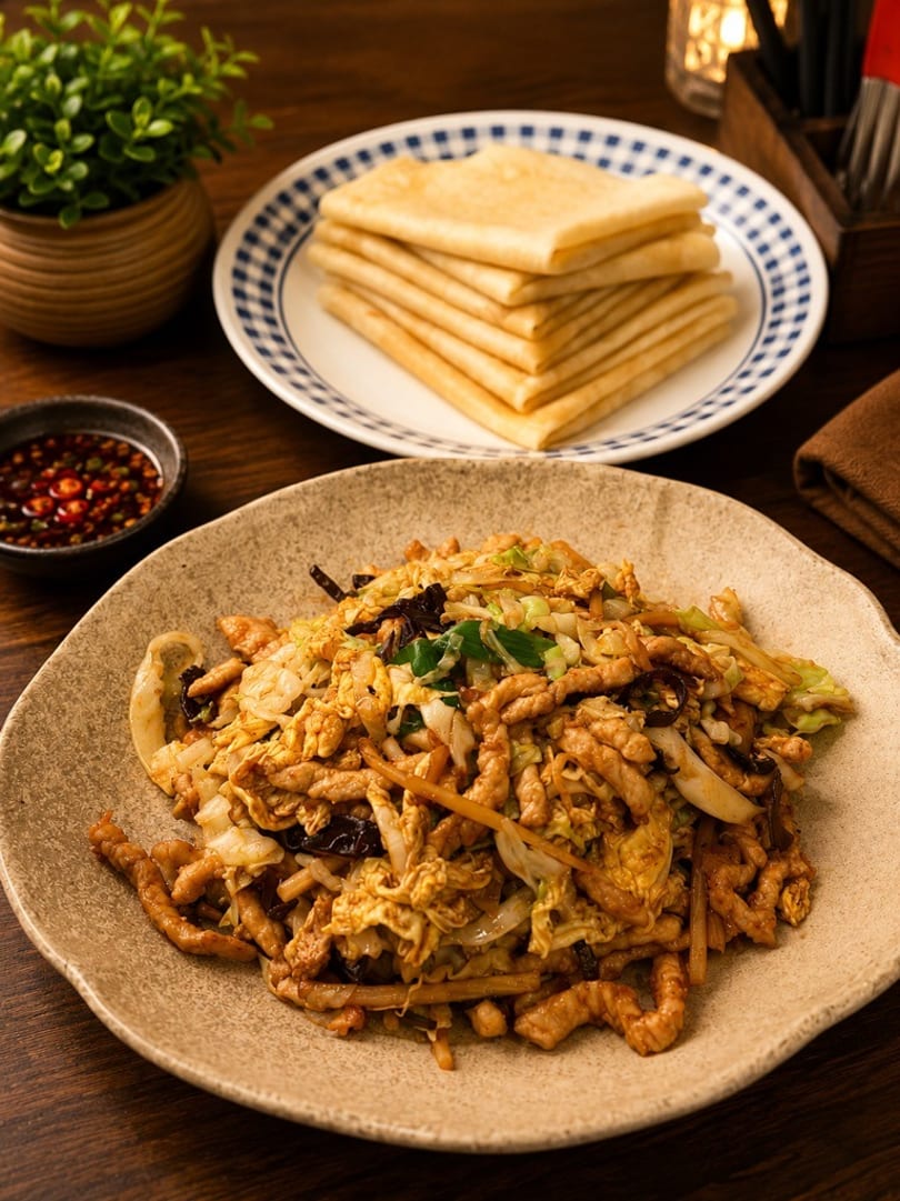 Moo shu pork with cabbage, mushrooms, and egg, served with pancakes and chili oil.