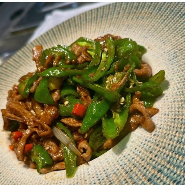 Stir-fried pork with green peppers and red chilies on a patterned plate.