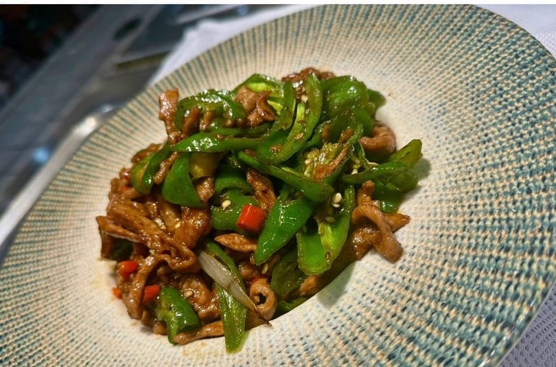 Stir-fried pork with green peppers and red chilies on a patterned plate.