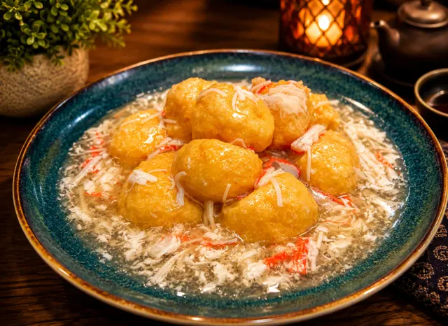 Minced Tofu with Shrimp and Crab Meat Sauce / 琵琶豆腐.